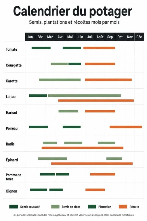 Calendrier du potager mois par mois avec semis, plantations et récoltes