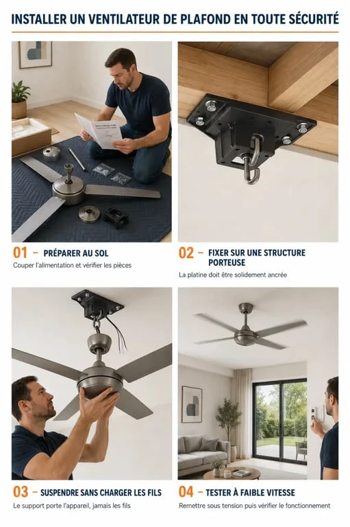 Branchement ventilateur plafond et étapes de montage sécurisé