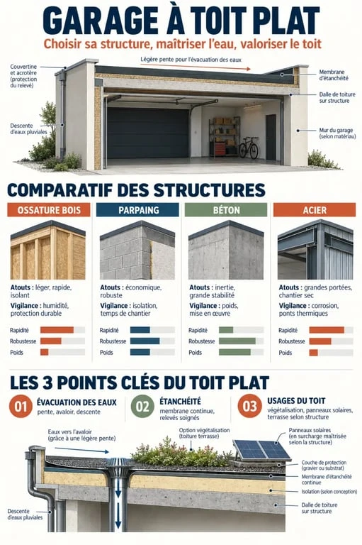Infographie comparative des matériaux et contraintes d’un garage toit plat