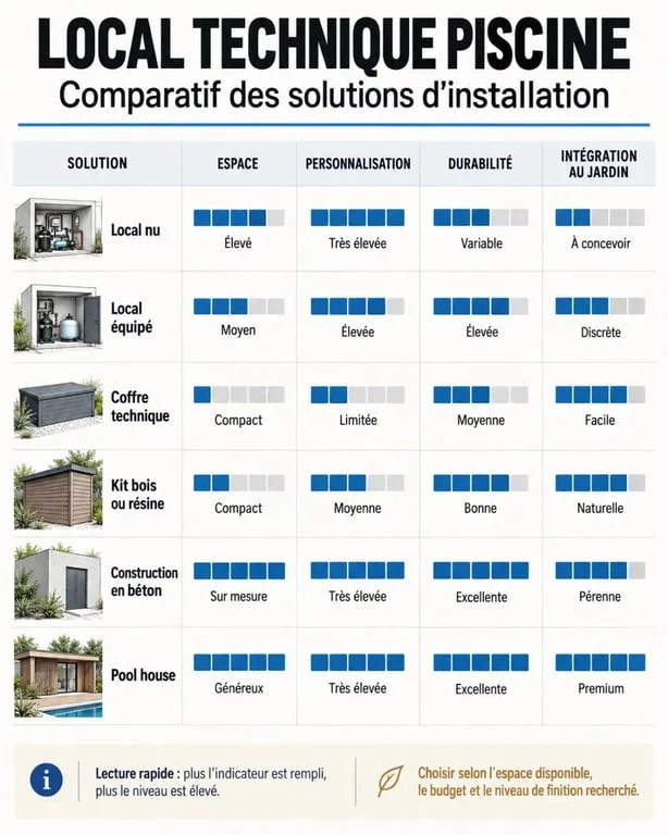 Comparatif des solutions de local technique piscine : coffre, kit, béton et pool house