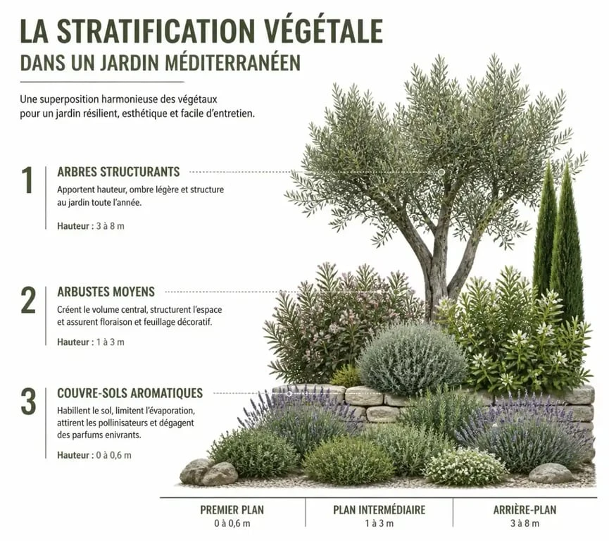 Schéma des strates végétales pour un aménagement de jardin méditerranéen