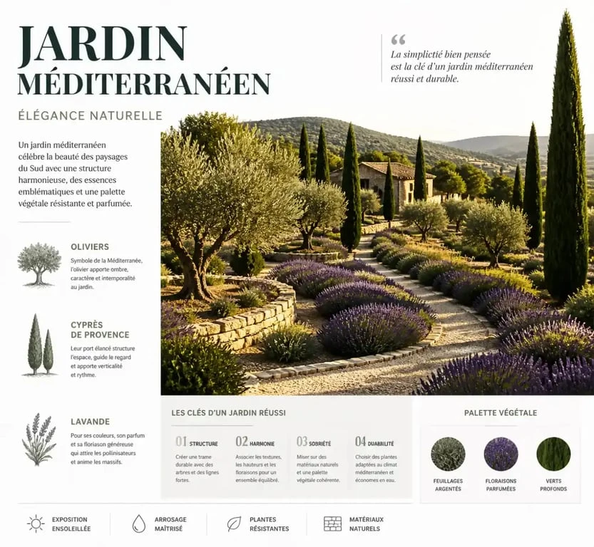 Aménagement de jardin méditerranéen avec oliviers et lavandes