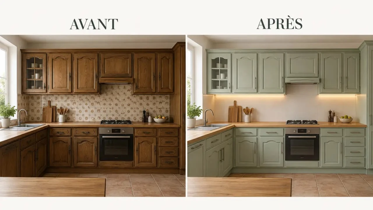 Avant après pour rénover une cuisine en bois avec peinture, nouvelles poignées et crédence