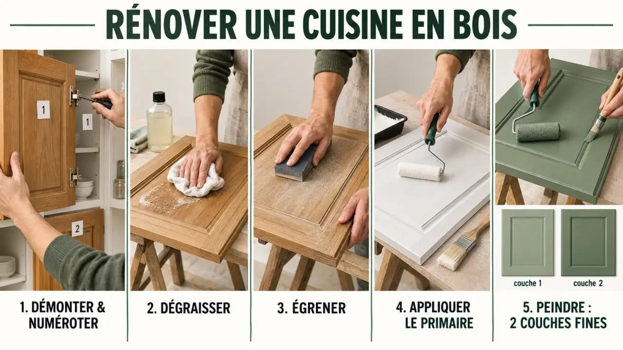 Étapes pour rénover une cuisine en bois, de la préparation des façades à la peinture