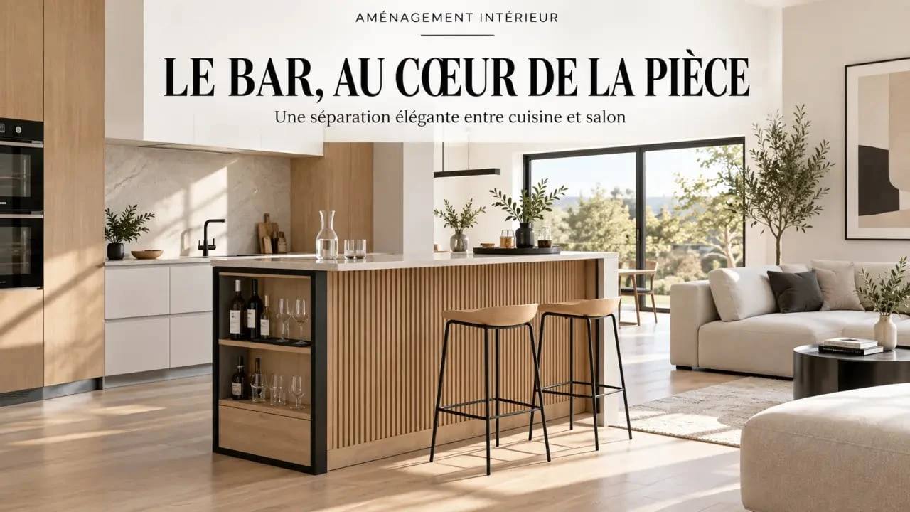 Meuble bar salon en bois et métal dans une cuisine ouverte