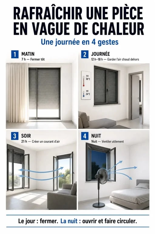Rafraichir une piece : journée type pour garder une pièce fraîche avec volets fermés, aération nocturne et ventilateur