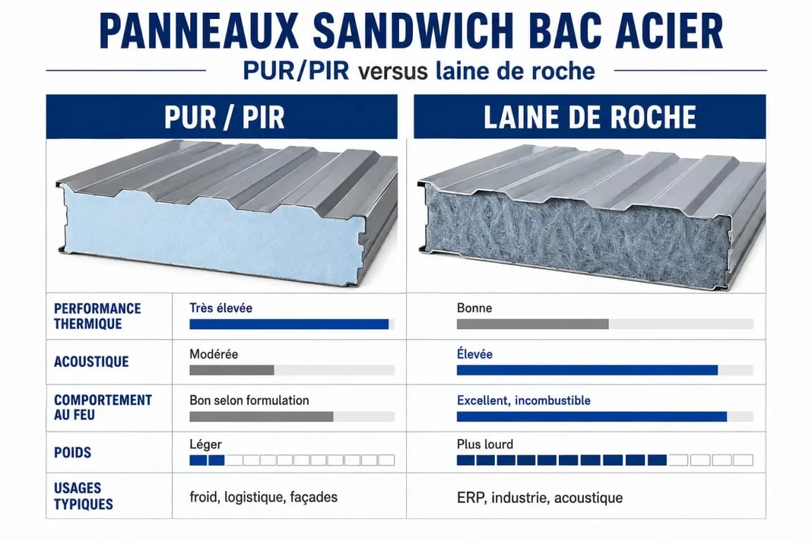 Comparatif panneau sandwich bac acier PUR/PIR et laine de roche pour mieux choisir l’isolant
