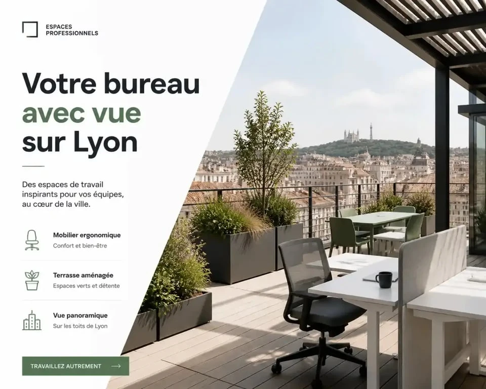 Aménagement de terrasse bureau Lyon avec mobilier ergonomique et végétalisation.