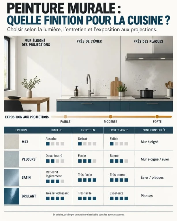Infographie sur la peinture mur cuisine et le choix entre finitions mate, velours, satinée et brillante