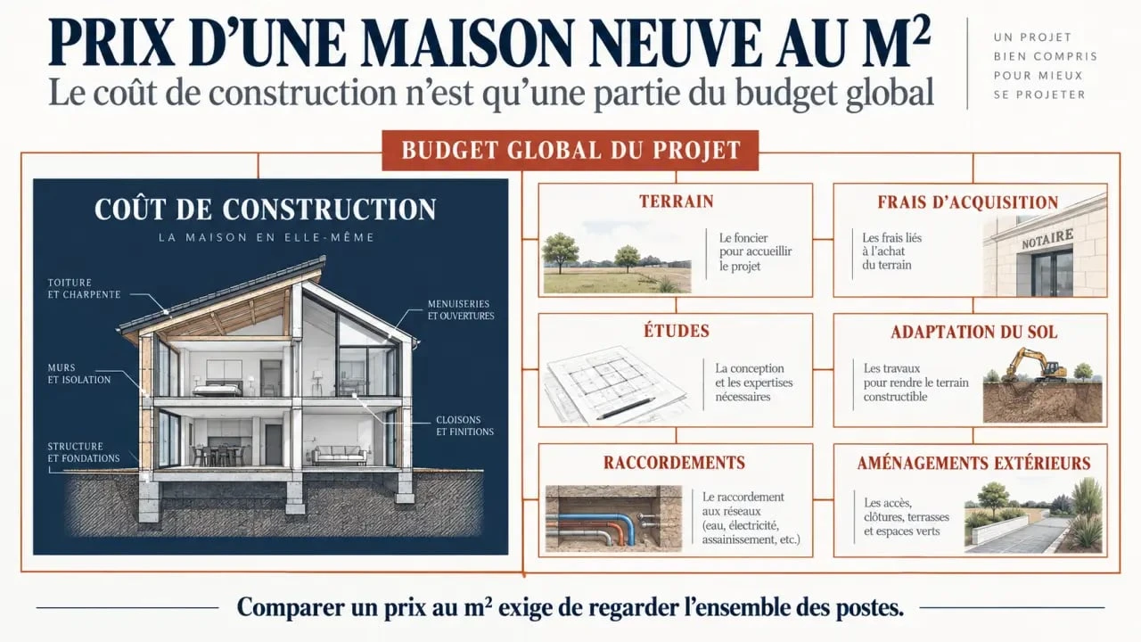 Infographie sur le prix maison neuve au m² et les postes du budget global