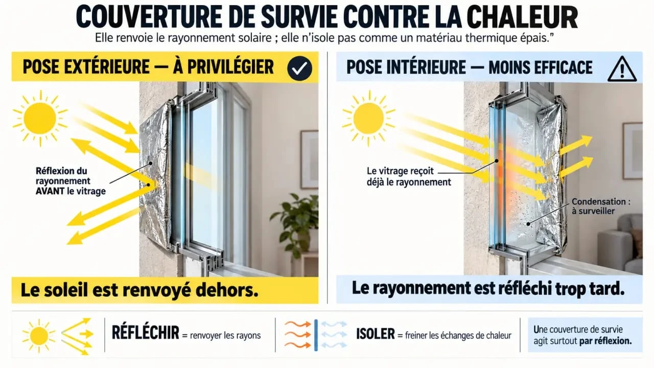 Infographie sur la couverture de survie pour l’isolation d’une fenêtre, la réflexion du soleil et les limites de la pose intérieure