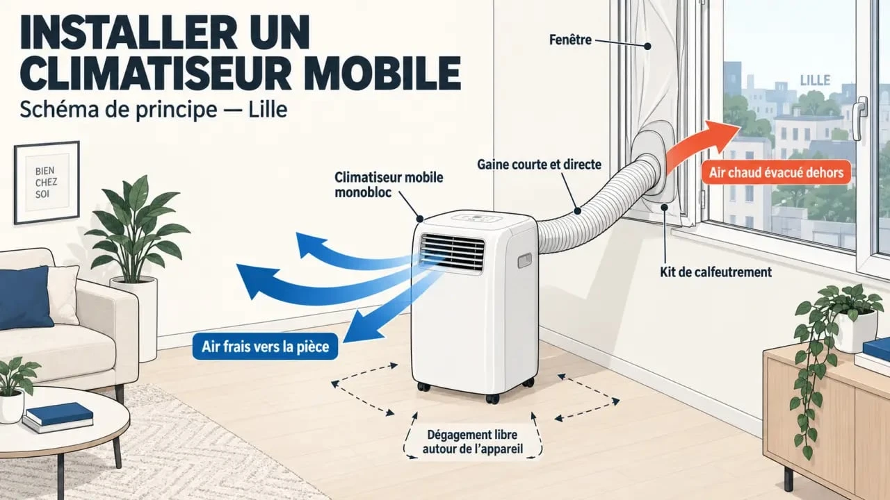 Schéma d’installation d’un climatiseur mobile pour une location climatiseur Lille
