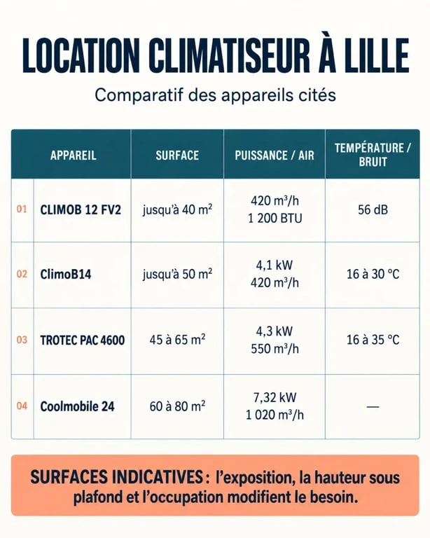 Infographie de location climatiseur Lille avec surfaces et caractéristiques des modèles mobiles