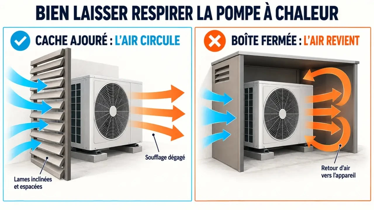 Schéma de circulation de l'air pour cacher une pompe à chaleur sans bloquer sa ventilation