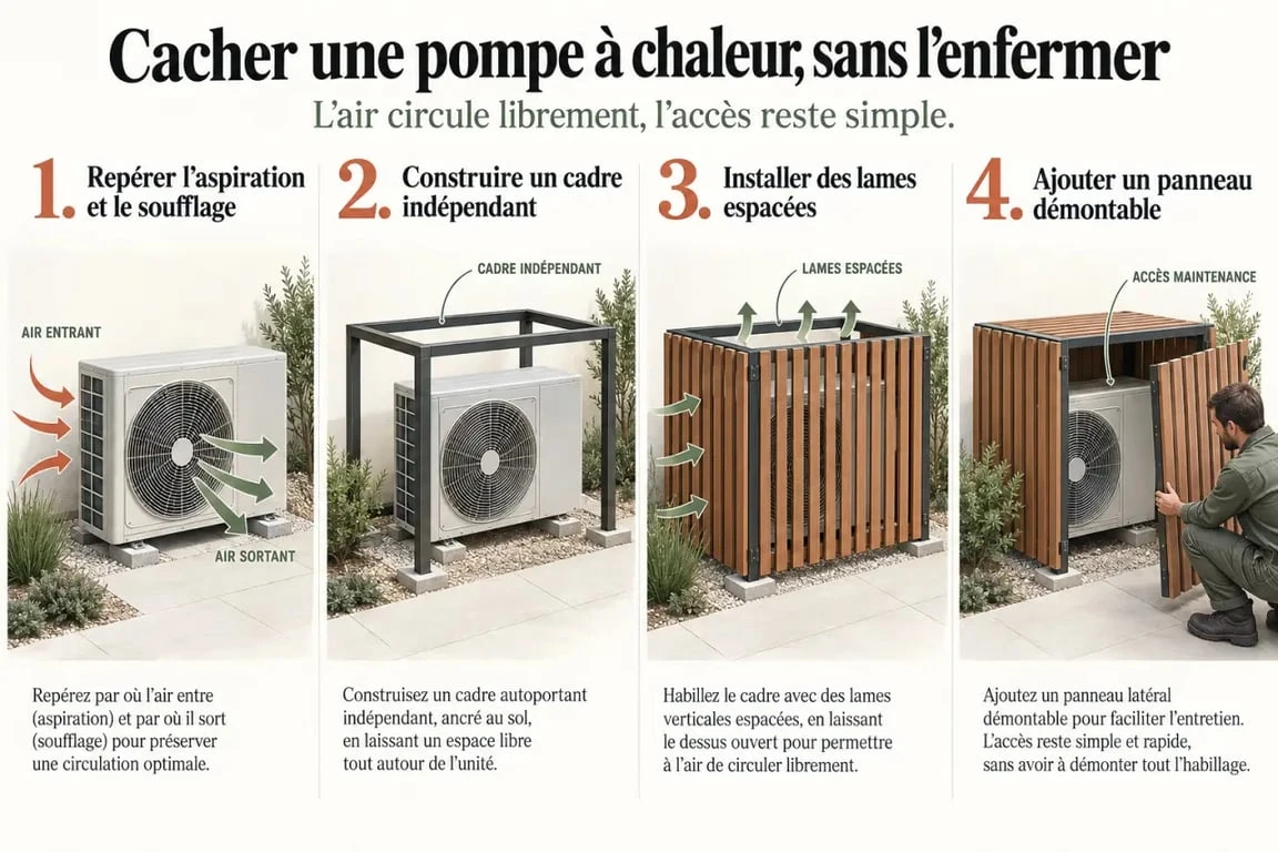 Étapes pour cacher une pompe à chaleur avec un cache ventilé et démontable