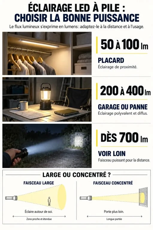 Infographie sur l'éclairage LED à pile puissant selon le format et le nombre de lumens