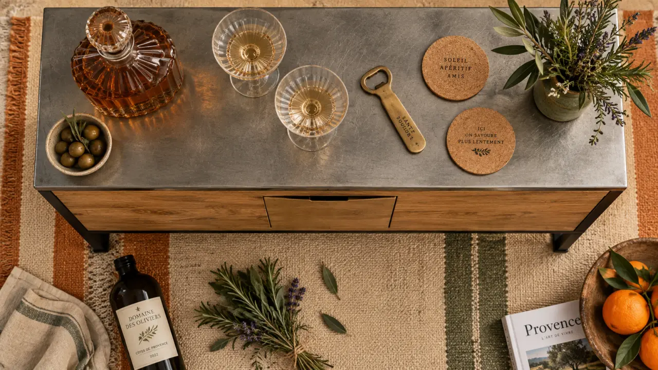 Meuble bar salon moderne : plateau zinc, carafe et verres