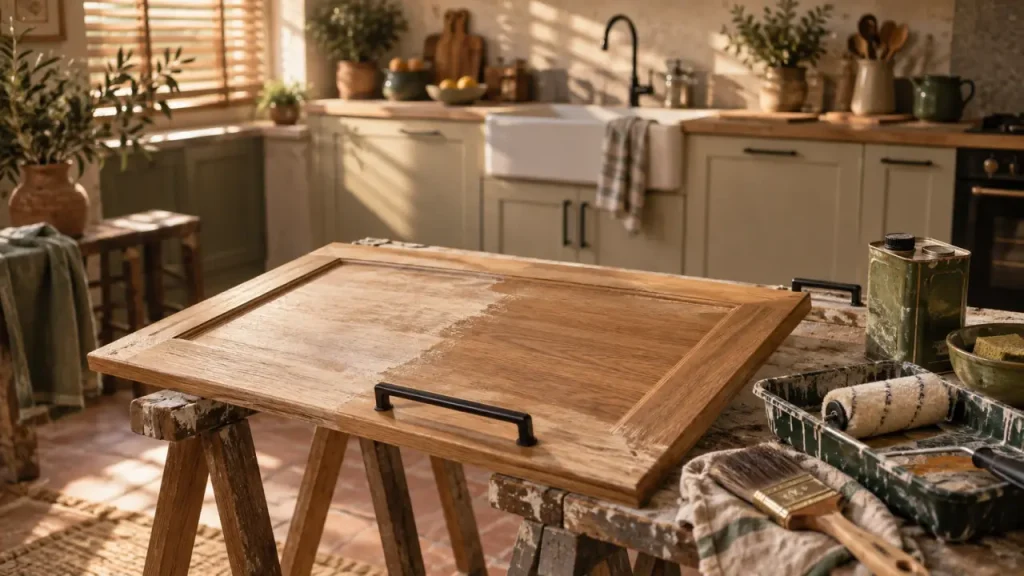 Renover une cuisine en bois : porte de meuble poncée et peinture