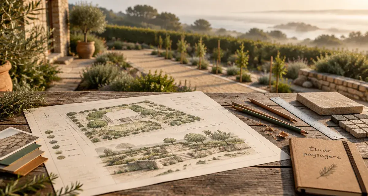 Architecte paysagiste Vannes : étude 2D/3D de jardin breton sur table