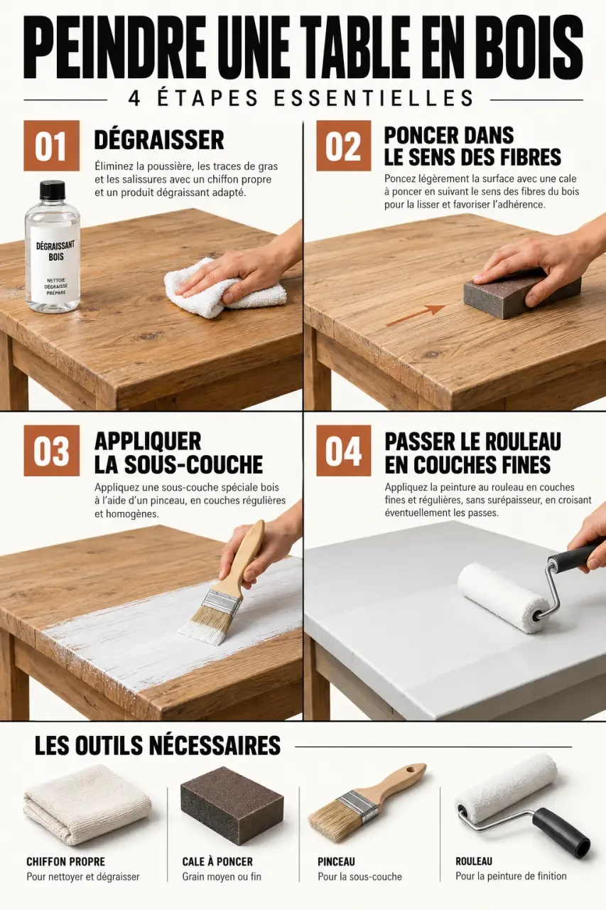 Les étapes pour peindre une table en bois : dégraisser, poncer, appliquer la sous-couche puis la peinture