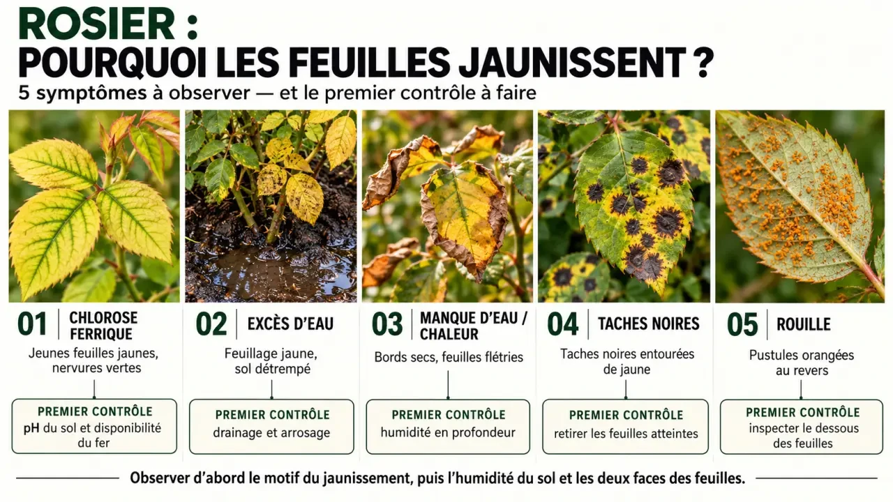 Infographie sur le rosier jaunissement des feuilles : chlorose, excès d’eau, sécheresse, taches noires et rouille