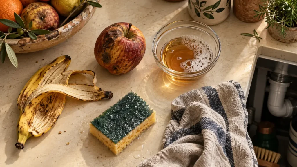 Moucherons dans la maison : humidité sous l’évier, éponge humide