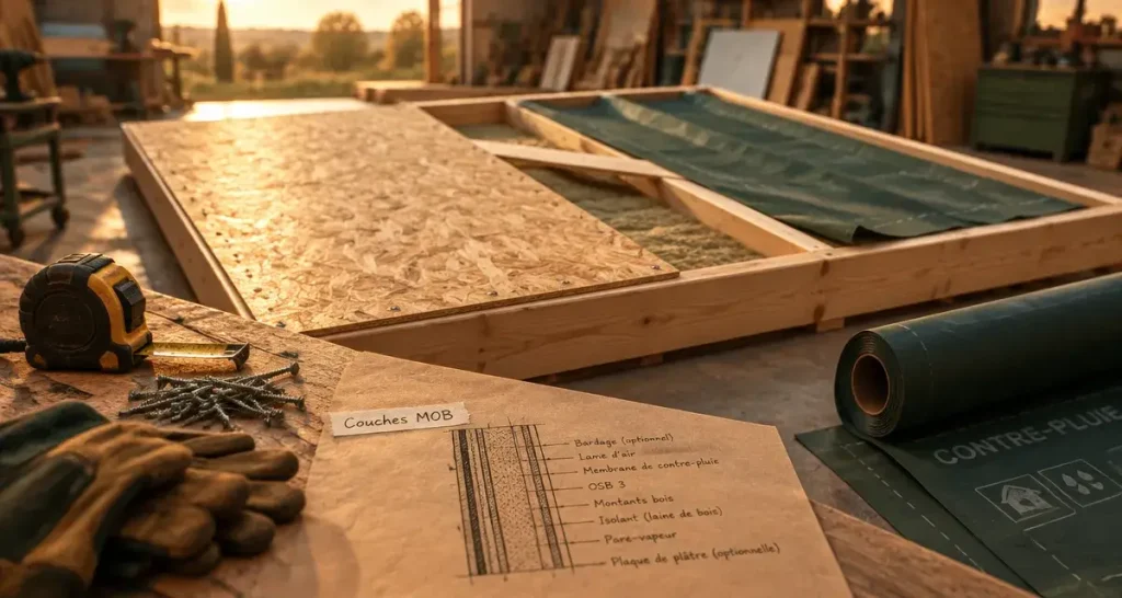 Mur ossature bois : montants bois et couches protection (OSB et membrane) en atelier