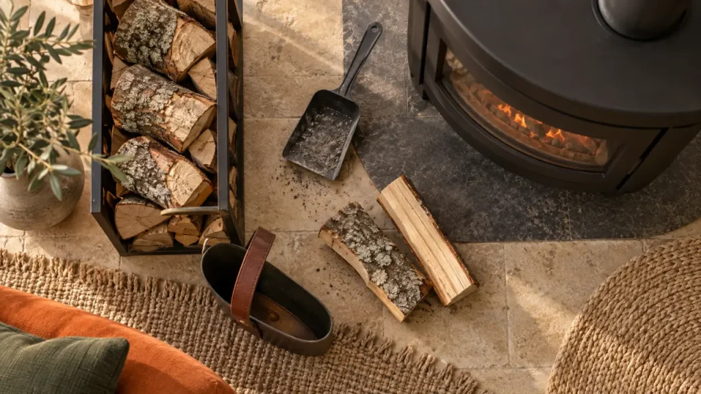 Rangement bois intérieur près du poêle : bûches en range-bûches métal noir