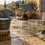 Terrasse nettoyage : pierre humide poreuse après haute pression